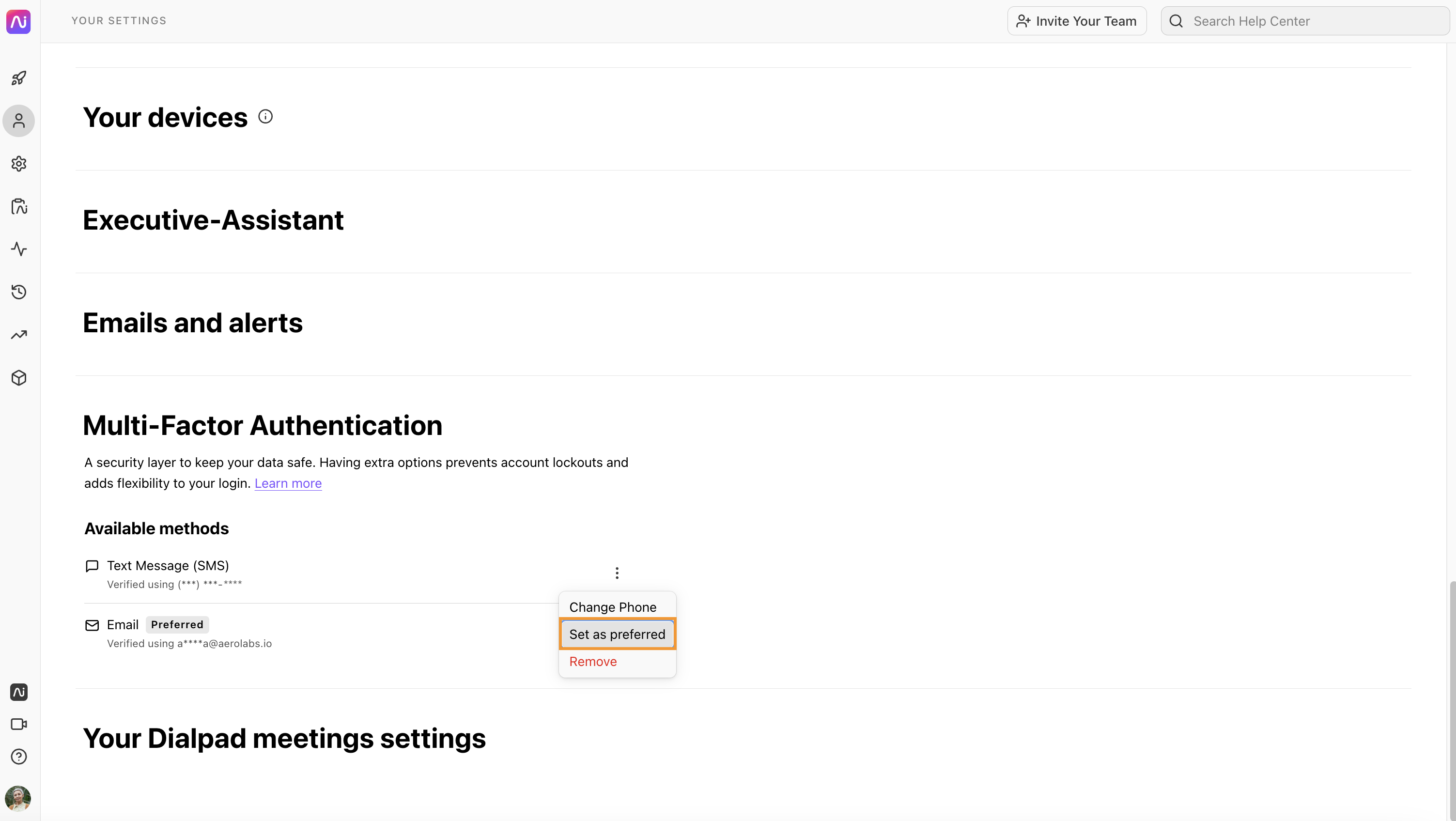 Settings page showing multi-factor authentication options and and option to set MFA method as preferred.